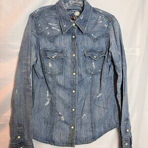 Women's Blue Denim True Religion Snap Ft, distressed shirt, Size L